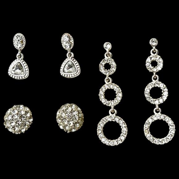 Rhinestone Earrings Lot 3 Dangle Studs Sparkly Bright Silver Tone Post Fashion - Picture 1 of 11